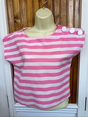 Vtg 70s/80s Ardmore Pink & White Striped Button Shoulder Sleeveless Cropped Top